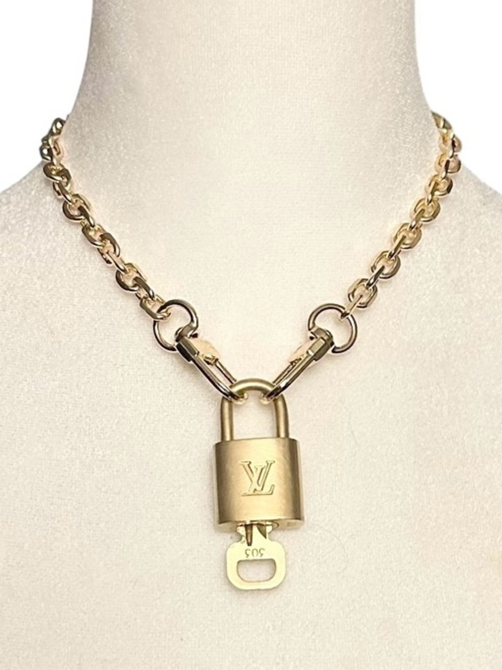 Authentic Louis Vuitton #323 Lock & Key Set on 18K Gold Plated Chain Necklace